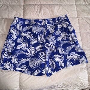 Carmen Marc Valvo Blue and White Bermudas with Tropical Print